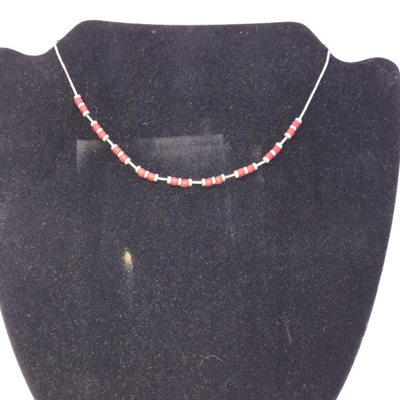 15" Shiny Orange Red and Silver Beaded Necklace - Picture 7 of 7